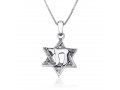 Sterling Silver Pendant Necklace, Engraved Star of David Enclosing Chai Letters