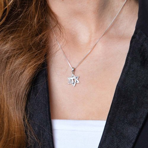 Sterling Silver Pendant Necklace, Engraved Star of David Enclosing Chai Letters