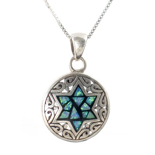 Sterling Silver Pendant Necklace, Engraved Star of David with Opal Stone