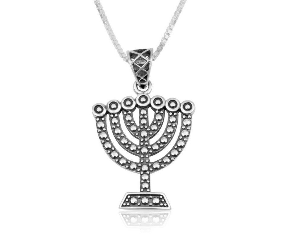 Sterling Silver Pendant Necklace, Seven Branch Menorah – Beaded Artwork Design