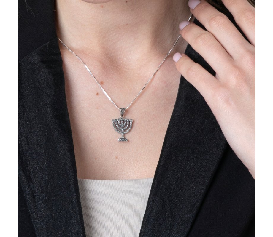 Sterling Silver Pendant Necklace, Seven Branch Menorah – Beaded Artwork Design