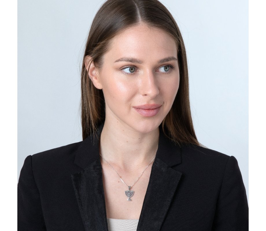 Sterling Silver Pendant Necklace, Seven Branch Menorah – Beaded Artwork Design