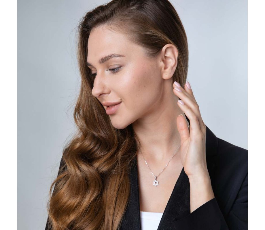 Sterling Silver Pendant Necklace, Star of David Filled With Zircon Stones