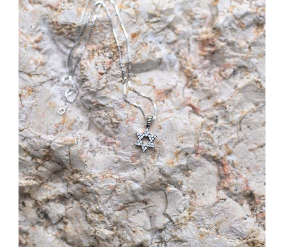 Sterling Silver Pendant Necklace, Star of David Filled With Zircon Stones