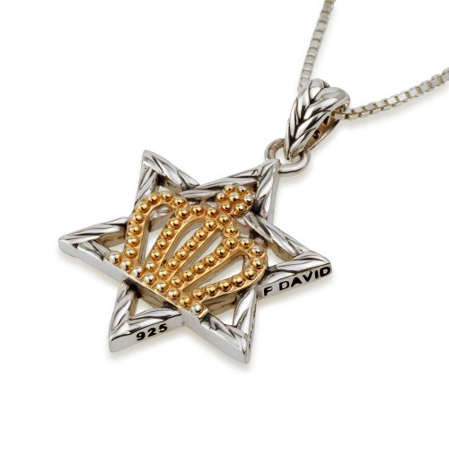 Sterling Silver Pendant Necklace with 14K Plated Gold Crown and Star of David