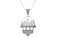 Sterling Silver Pendant Necklace with Decorative Hamsa and Jerusalem Images