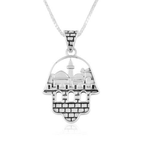 Sterling Silver Pendant Necklace with Decorative Hamsa and Jerusalem Images