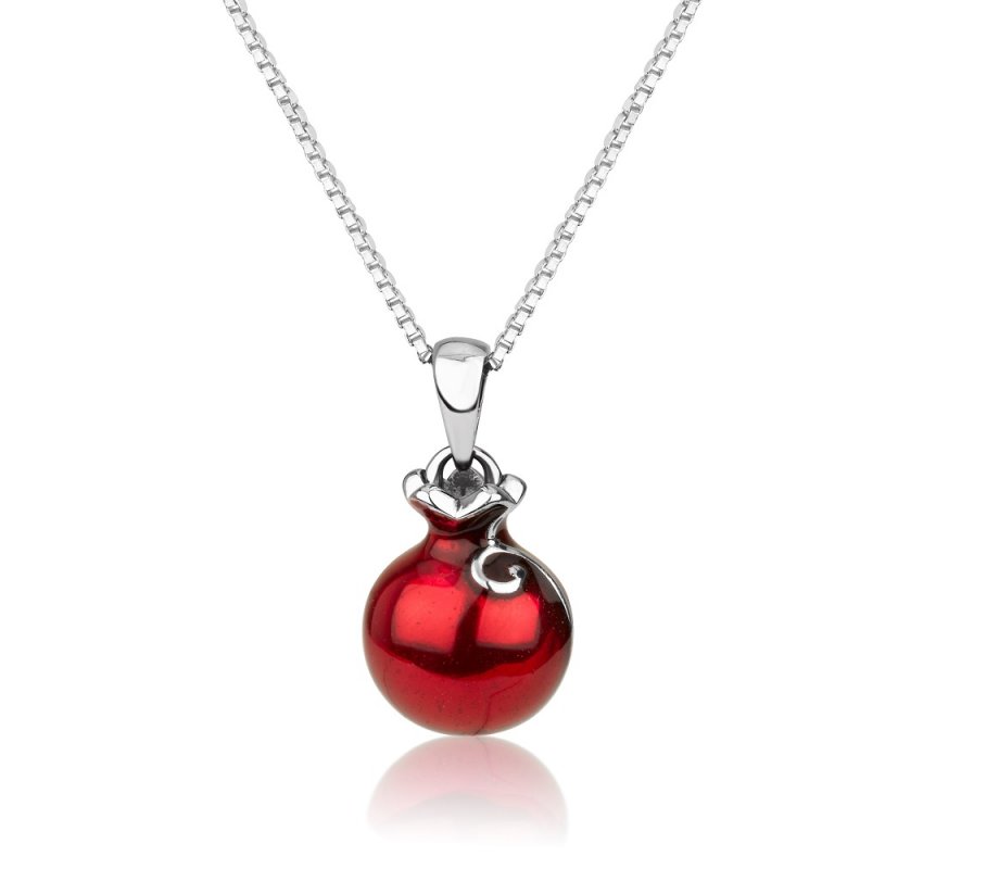 Sterling Silver Pomegranate Pendant Necklace with Red Enamel and Garnet Stones
