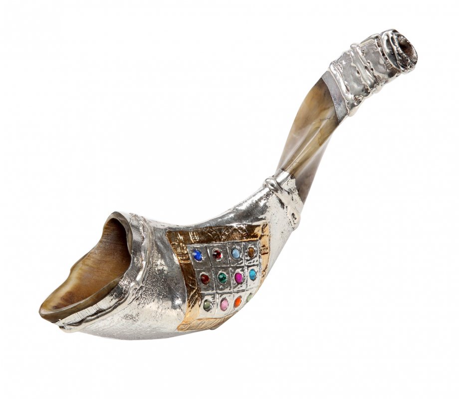 Sterling Silver Ram's Horn Shofar - Choshen Breastplate with Colorful Stones