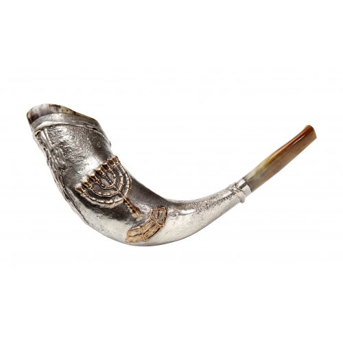Sterling Silver Ram's Horn Shofar - Seven Branch Menorah Decoration