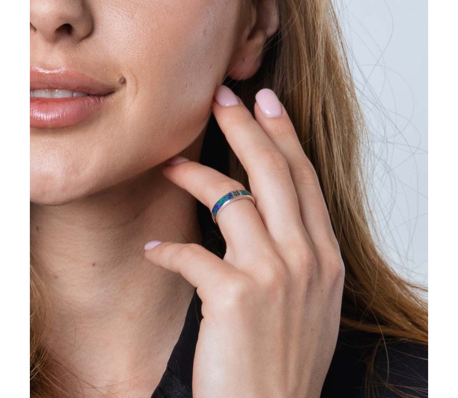 Sterling Silver Ring with Blue-Green Eilat Stone and Band with Diamond Shapes