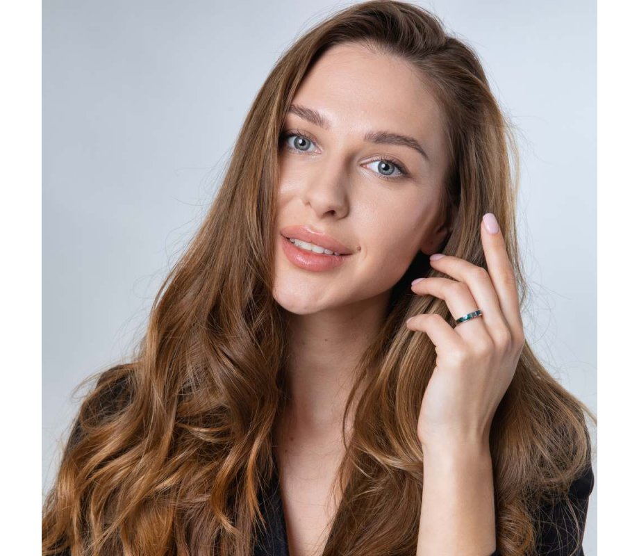 Sterling Silver Ring with Blue-Green Eilat Stone and Band with Diamond Shapes