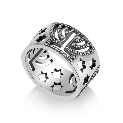 Sterling Silver Ring with Cutout Glittering Menorahs and Stars of David