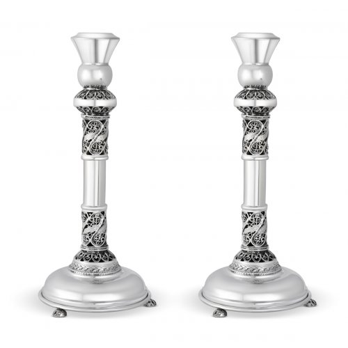 Sterling Silver Shabbat Candlesticks - Filigree Decorated