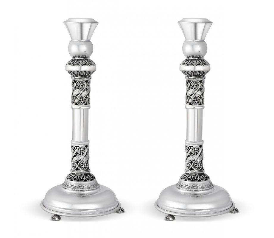 Sterling Silver Shabbat Candlesticks - Filigree Decorated