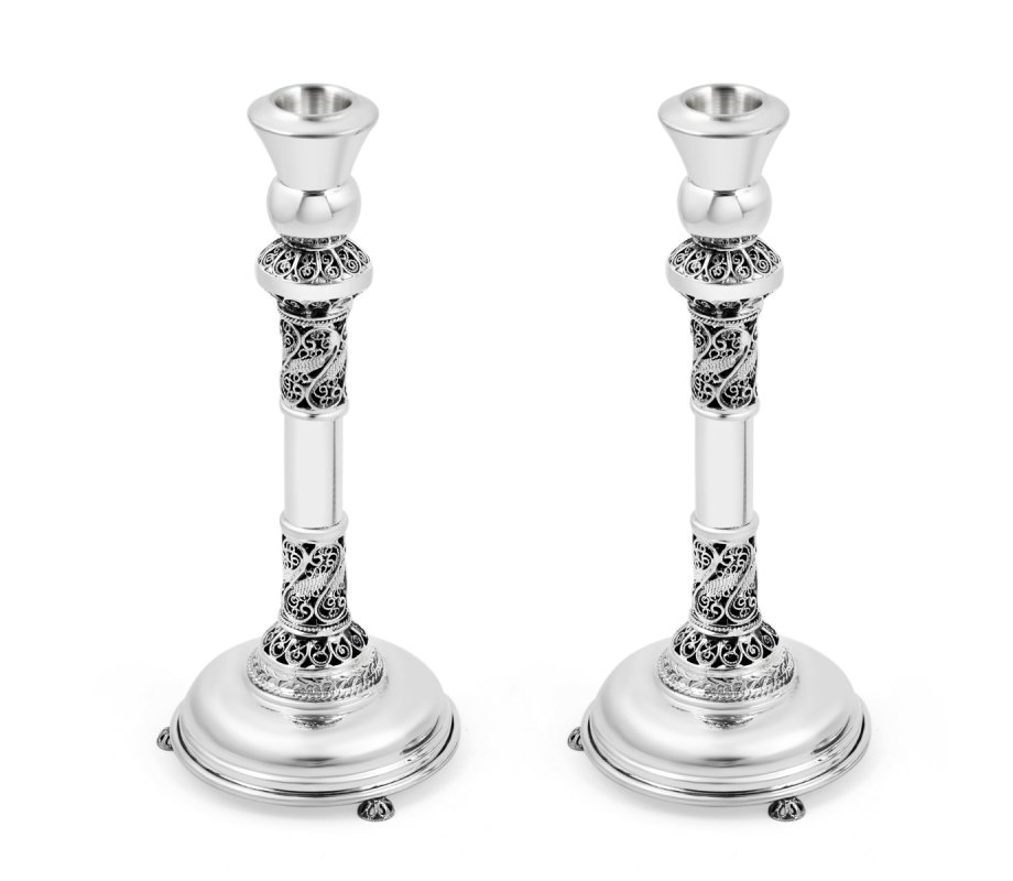 Sterling Silver Shabbat Candlesticks - Filigree Decorated