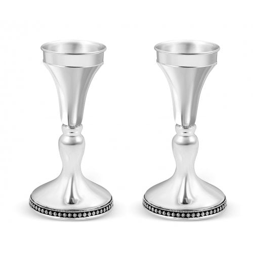 Sterling Silver Shabbat Candlesticks - Smooth with Single Floral Band