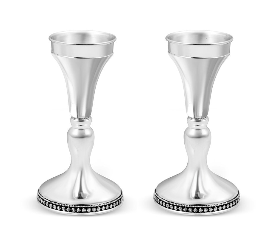 Sterling Silver Shabbat Candlesticks - Smooth with Single Floral Band