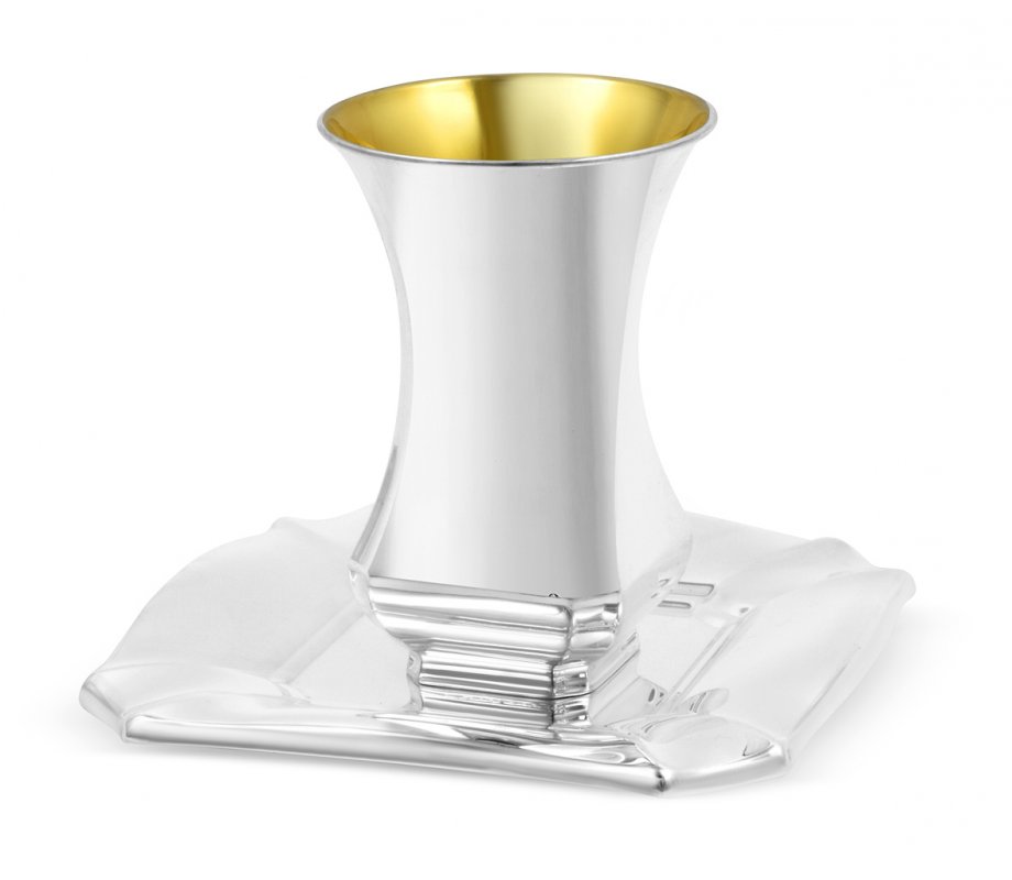 Sterling Silver Shabbat Kiddush Cup and Square Plate - Curving Design