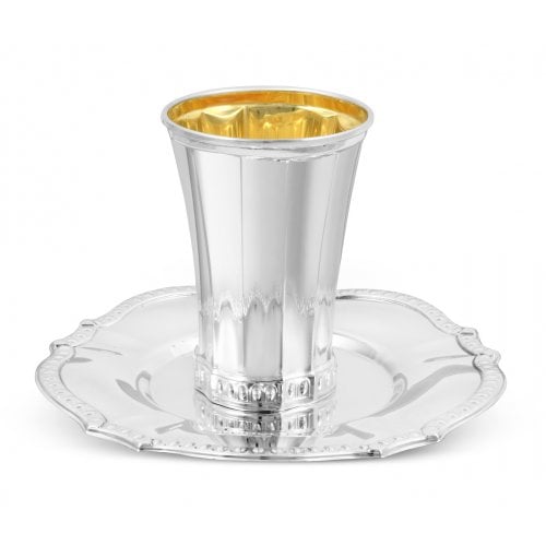 Sterling Silver Shabbat Kiddush Cup with Plate - Panel Design