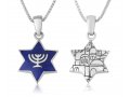 Sterling Silver Star Necklace, Pendant with 7-Branch Menorah and Jerusalem Images