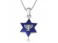 Sterling Silver Star Necklace, Pendant with 7-Branch Menorah and Jerusalem Images