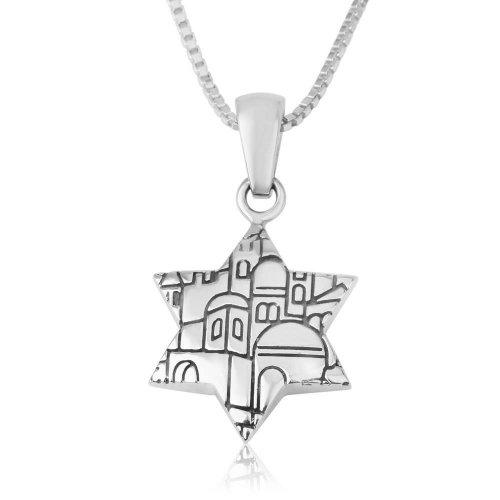 Sterling Silver Star Necklace, Pendant with 7-Branch Menorah and Jerusalem Images