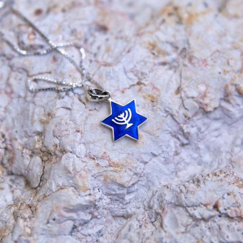 Sterling Silver Star Necklace, Pendant with 7-Branch Menorah and Jerusalem Images