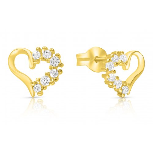 Sterling Silver Stud Earrings with Zircons, Heart Shape - Gold Plated or Silver