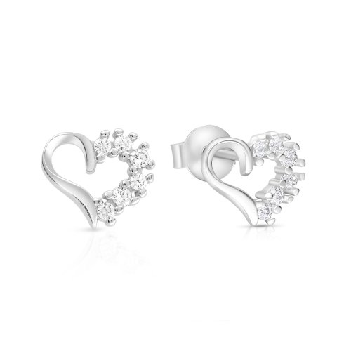 Sterling Silver Stud Earrings with Zircons, Heart Shape - Gold Plated or Silver