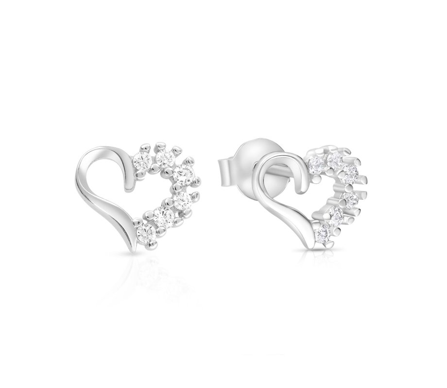 Sterling Silver Stud Earrings with Zircons, Heart Shape - Gold Plated or Silver