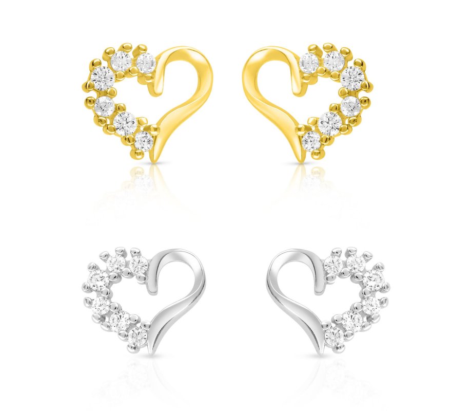 Sterling Silver Stud Earrings with Zircons, Heart Shape - Gold Plated or Silver