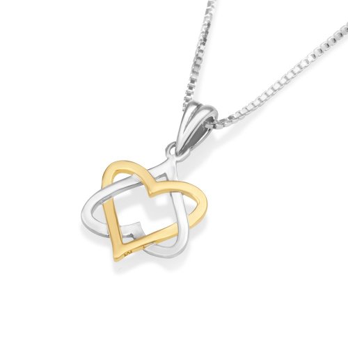 Sterling Silver Two Tone Pendant Necklace - Star of David Heart