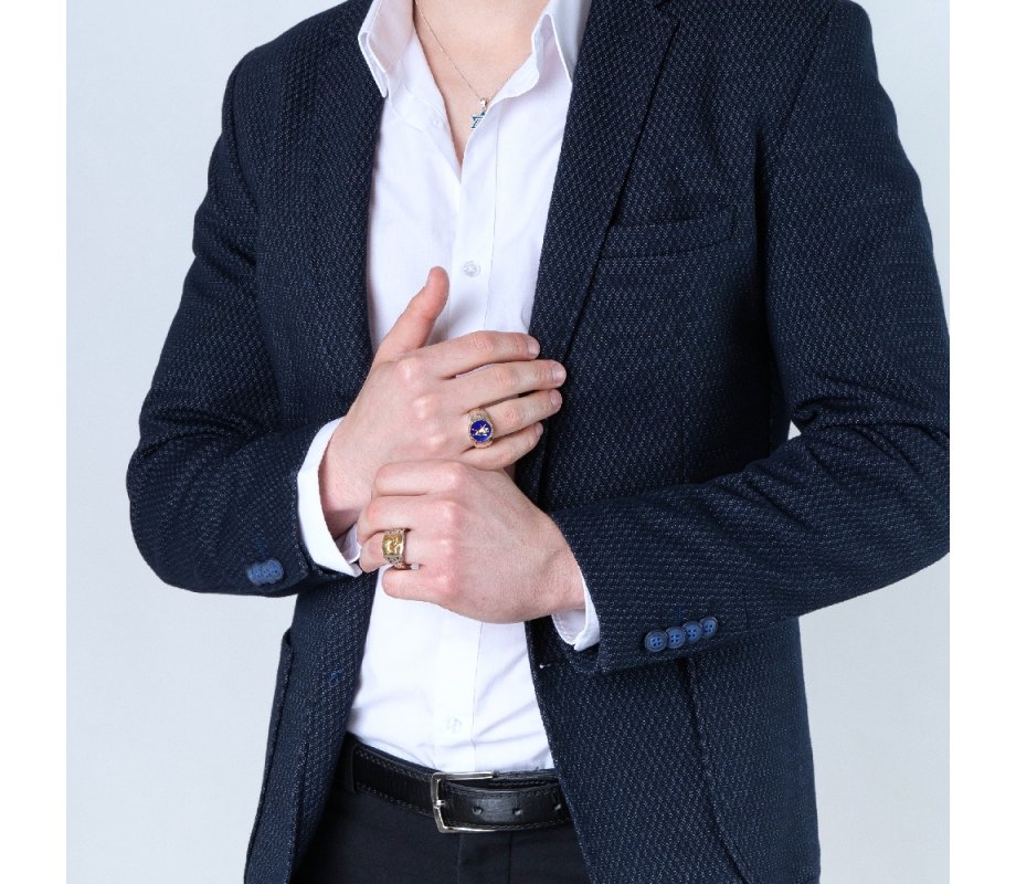 Sterling Silver and Gold Plated Man's Ring with Lion of Judah on Blue Enamel