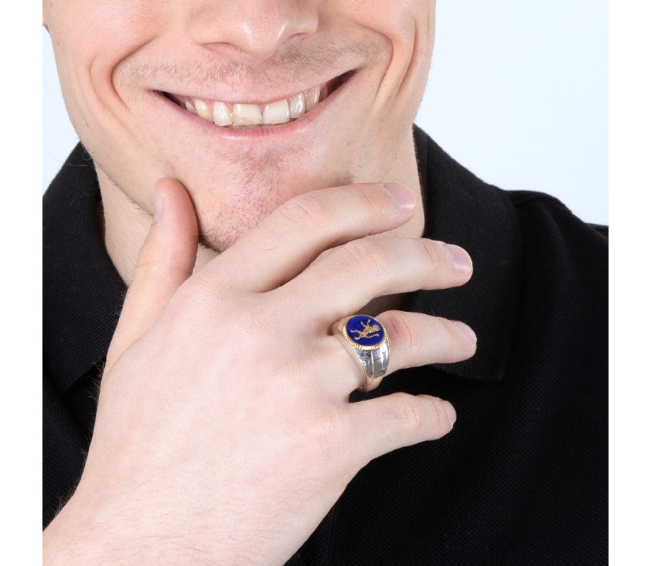 Sterling Silver and Gold Plated Man's Ring with Lion of Judah on Blue Enamel