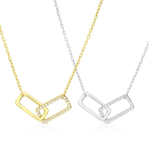 Sterling Silver or Yellow Gold Necklace with Zircon Pendant of Linked Rectangles