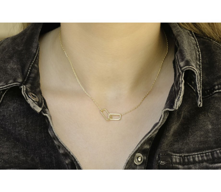 Sterling Silver or Yellow Gold Necklace with Zircon Pendant of Linked Rectangles