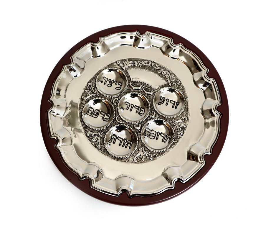 Stylish Silver Plated Seder Plate on Wood Base