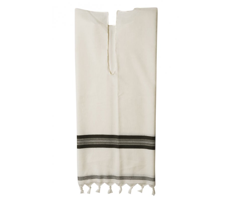 Talitnia White Wool Tallit Katan With Center Fringes - Black Stripes