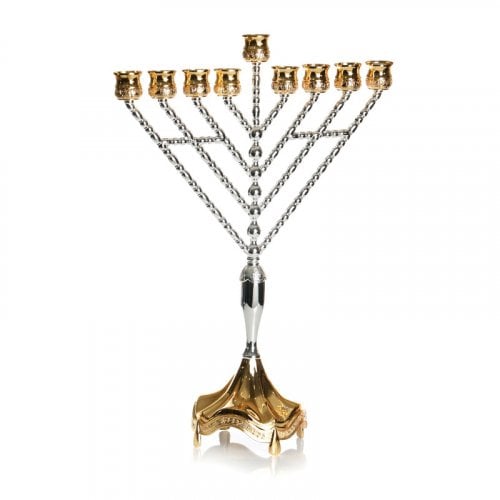 Tall Chabad Lubavitch Nickel Chanukah Menorah, Silver and Gold - 18.9