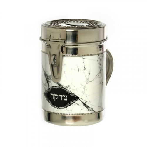 Tall Charity Box with Handle, Gleaming Silver with Gray and White Marble Design