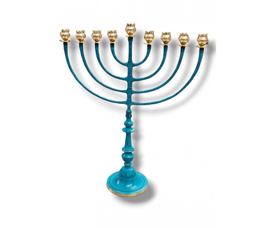Tall Classic Patina Chanukah Menorah, Gold Pomegranate Shaped Cups - 24 Inches