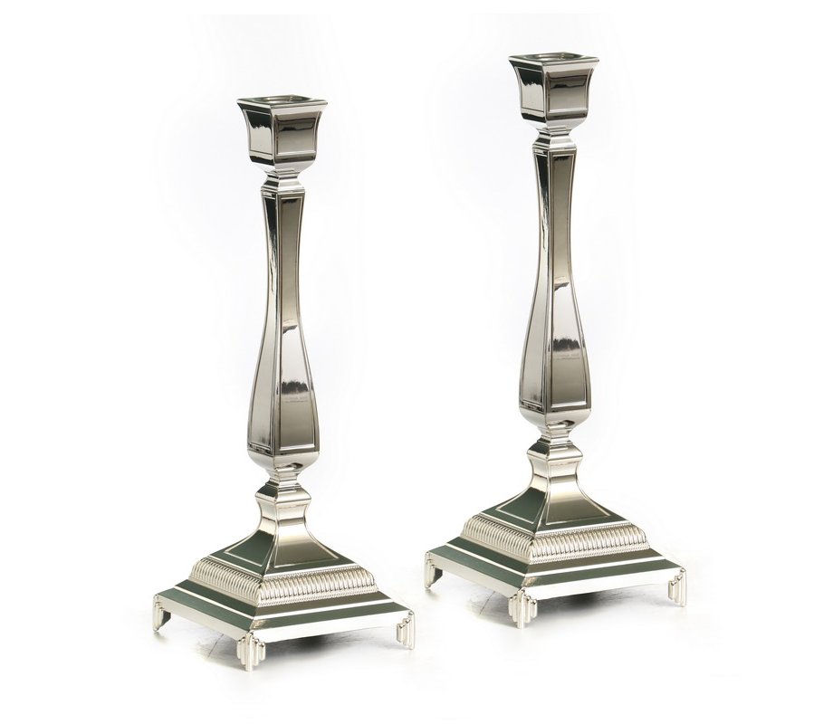 Tall Silver Plated Classic Square Candlesticks - Decorative Feet - 14.1