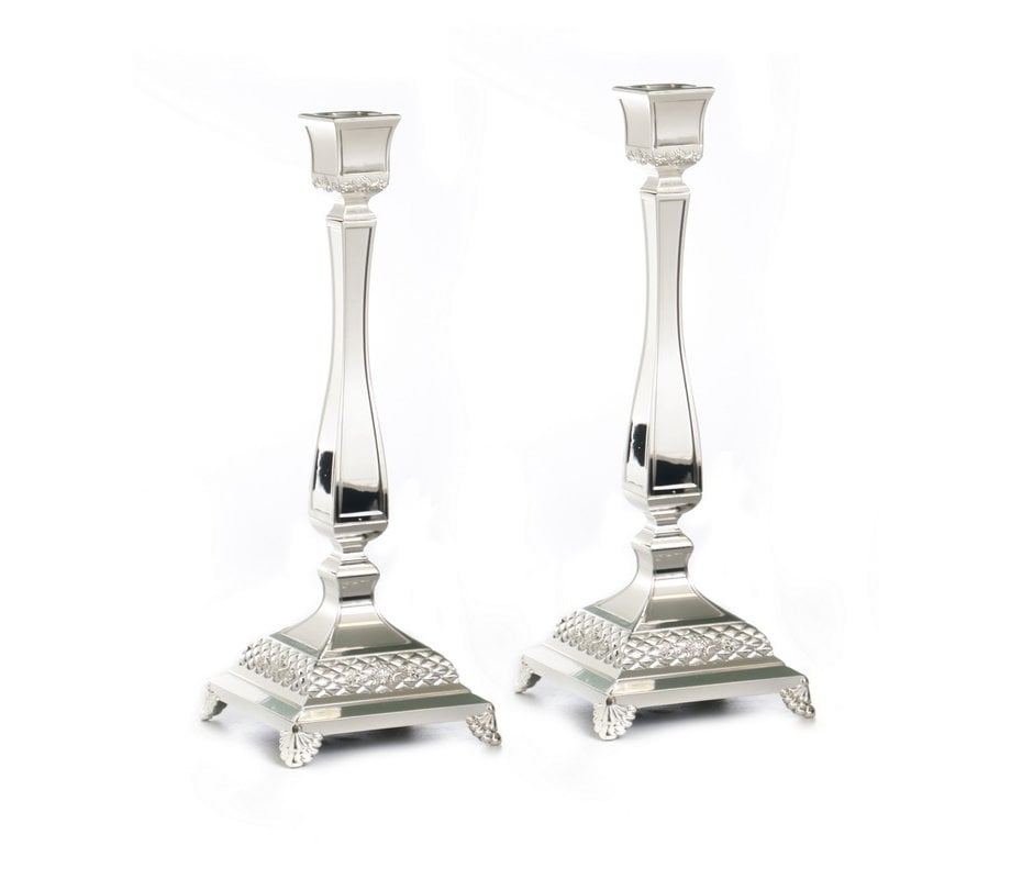 Tall Silver Plated Classic Square Candlesticks, Diamond Design - 14.1