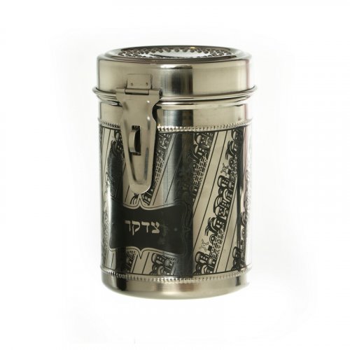 Tall Stainless Steel Charity Box with Diagonal Jerusalem Images - Silver & Black
