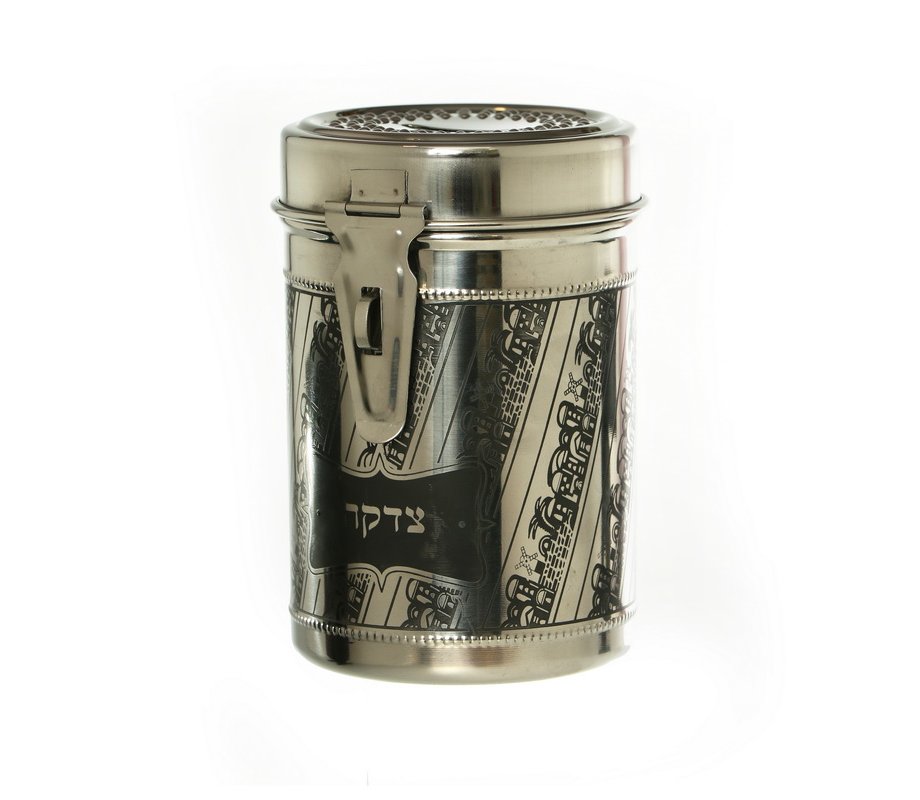 Tall Stainless Steel Charity Box with Diagonal Jerusalem Images - Silver & Black