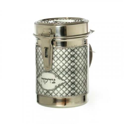Tall Stainless Steel Charity Box with Handle, Gleaming Silver - Crisscross Design