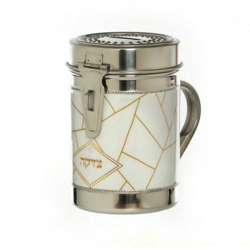 Tall Stainless Steel Charity Box with Handle, Random Lines Design - Gold on White