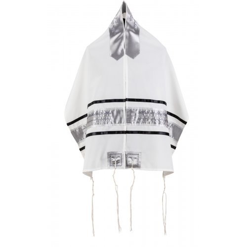 Tallit Set by Ronit Gur in White and Gray Ruched Satin Stripes