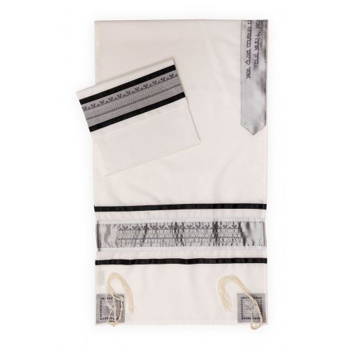 Tallit Set by Ronit Gur in White and Gray Ruched Satin Stripes
